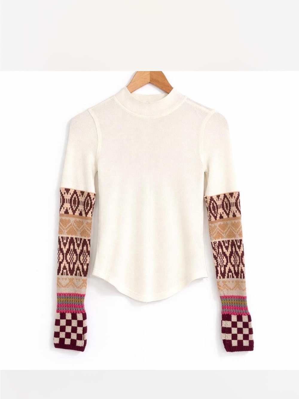 Free People Thermal Mock Neck Fair Isle Checker Sleeve Top XS NWT